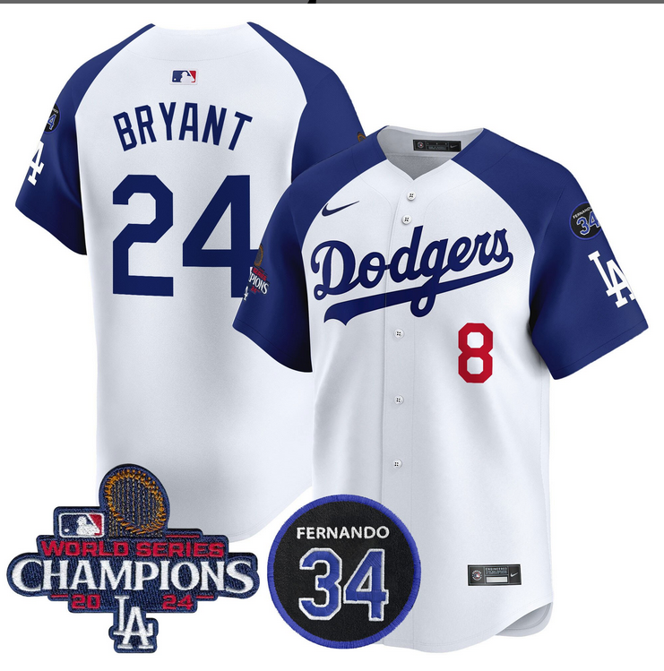 Men MLB Los Angeles Dodgers 24 Bryant white 2024 World Series Champions Patch Limited Jersey style 2
